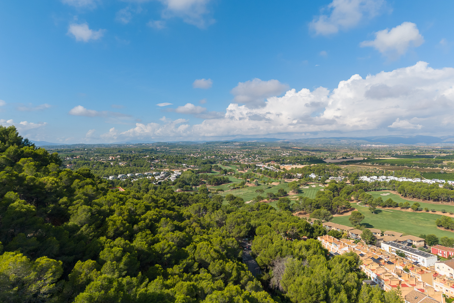 Aerial view of a lush green forest, a golf course, and a residential area under a bright blue sky with white clouds. [AI-generated text]