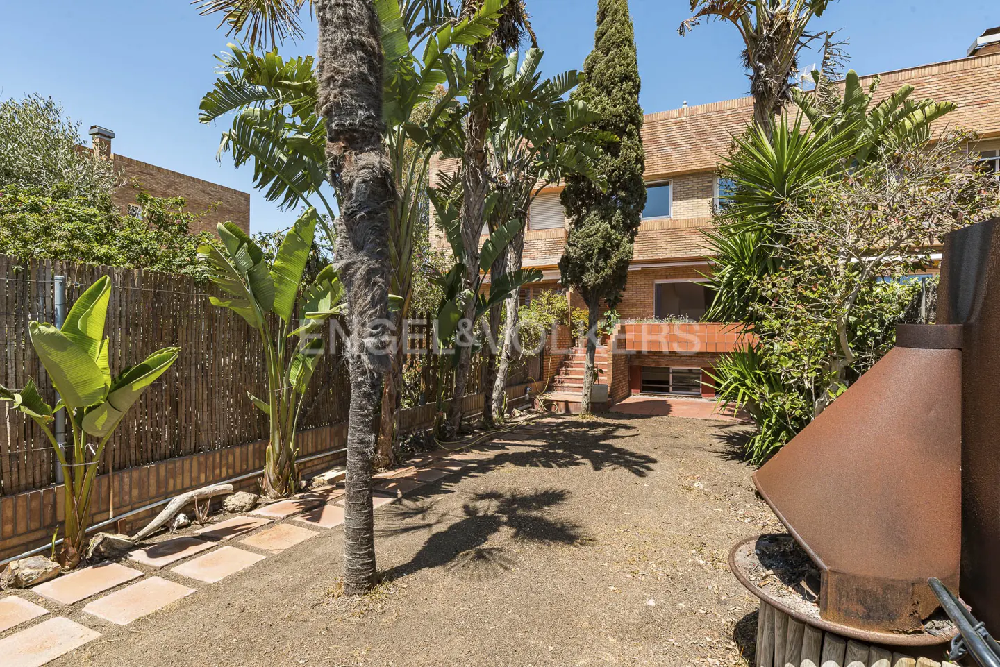 Backyard view with palm trees, a brown fence, and a brick house in the background. A rusty metal structure is on the right.