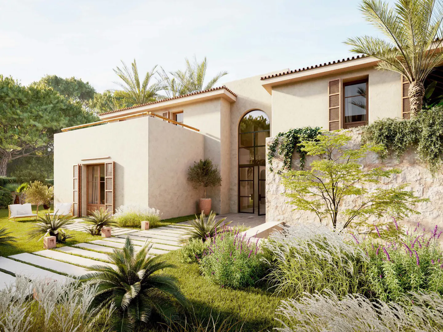 Exterior view of a two-story beige house with a stone walkway, lush green lawn, and various plants and trees.