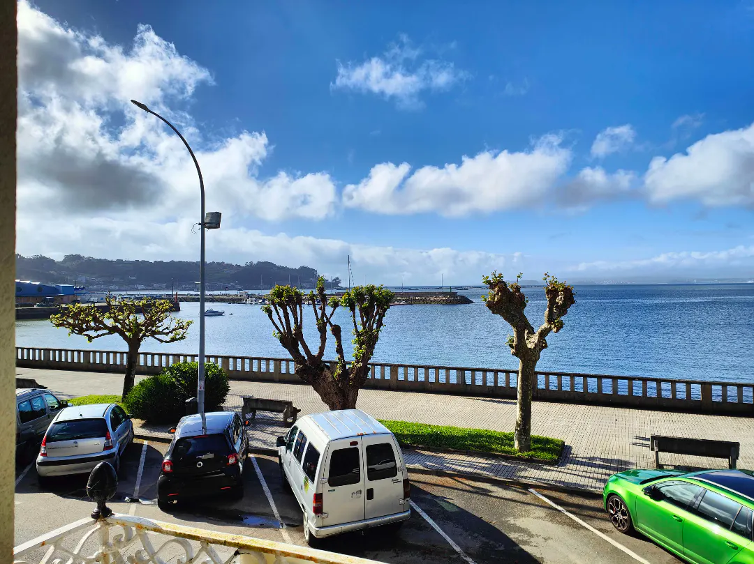 View of a parking lot with cars, a sidewalk with trees, and a blue ocean under a cloudy sky.