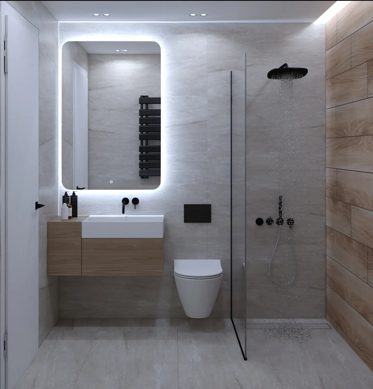 Modern bathroom with a floating wood vanity, white wall-hung toilet, and a glass-enclosed shower with black fixtures.