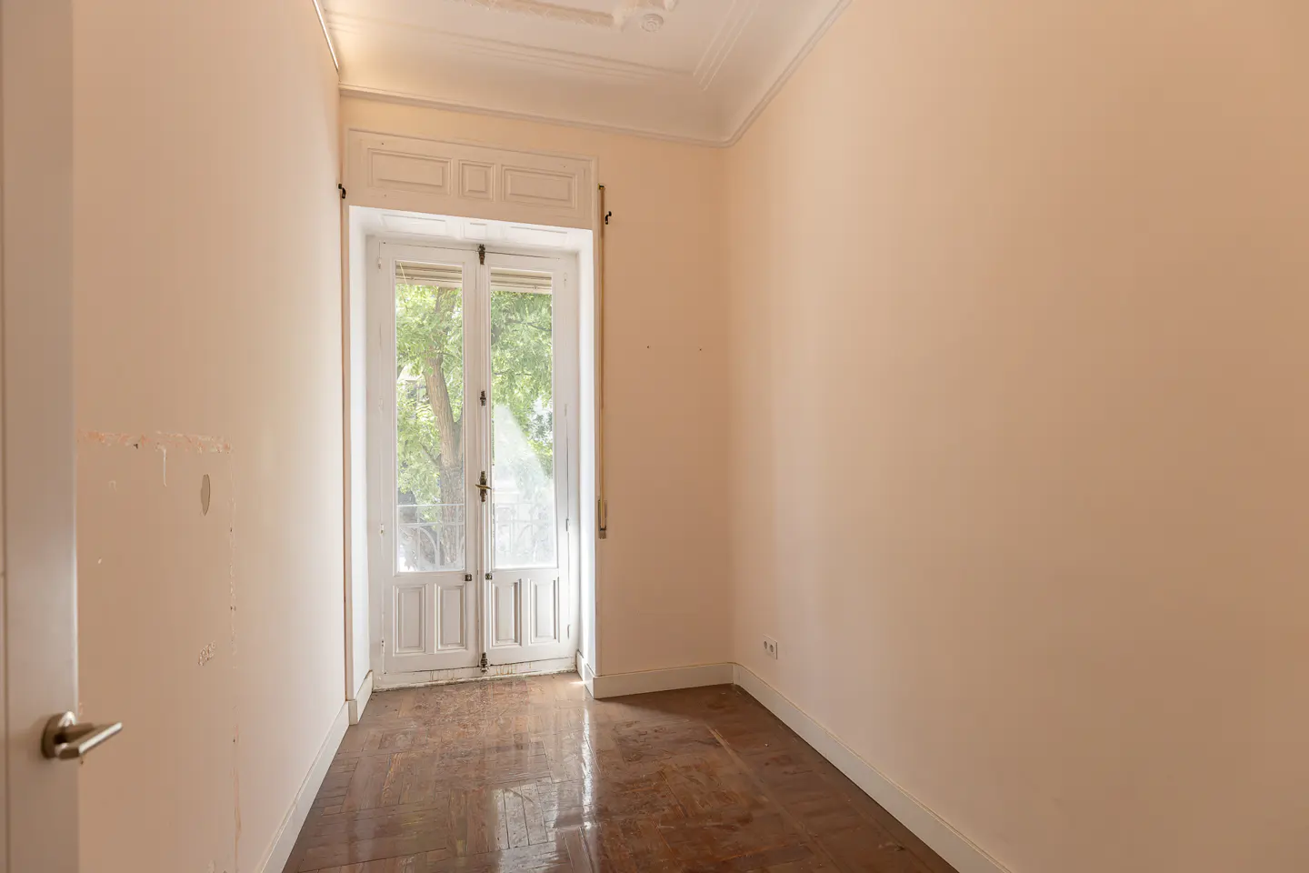 Empty room with light peach walls, polished wood floors, and white French doors opening to a view of green trees.