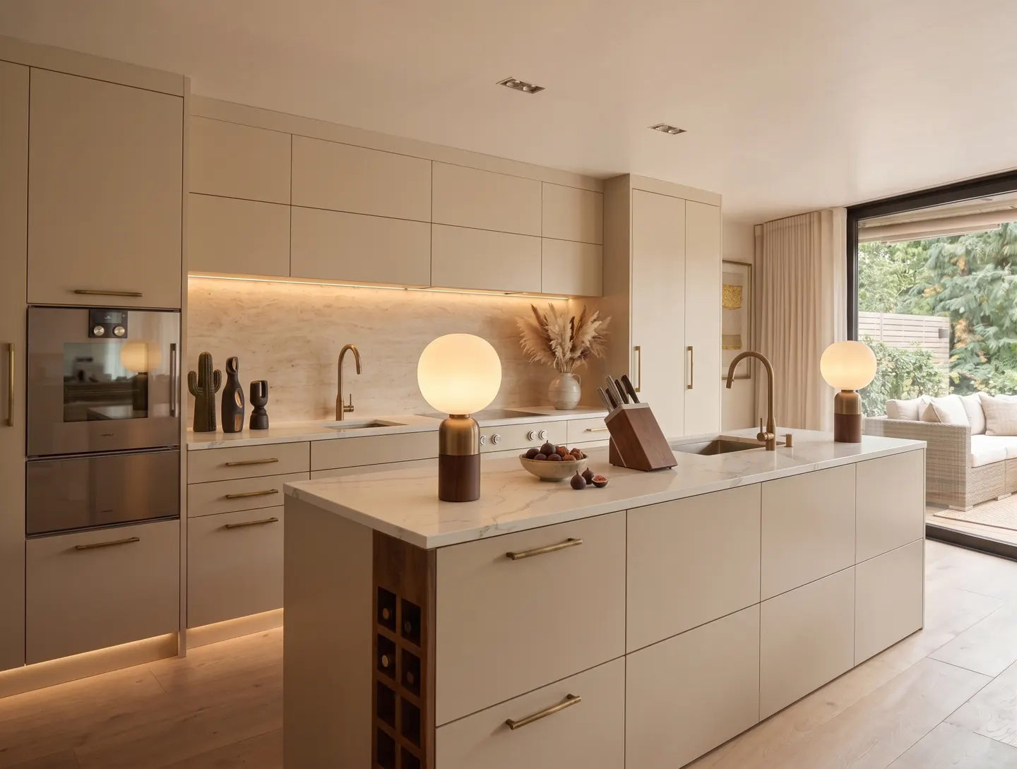 Bright, modern kitchen with beige cabinets, marble countertops, and a large island with a wine rack. A sliding glass door leads to an outdoor seating area.