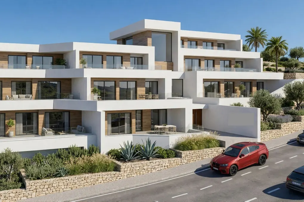 Modern white multi-story building with balconies, large windows, and a red SUV parked in front. Palm trees and blue sky in the background.