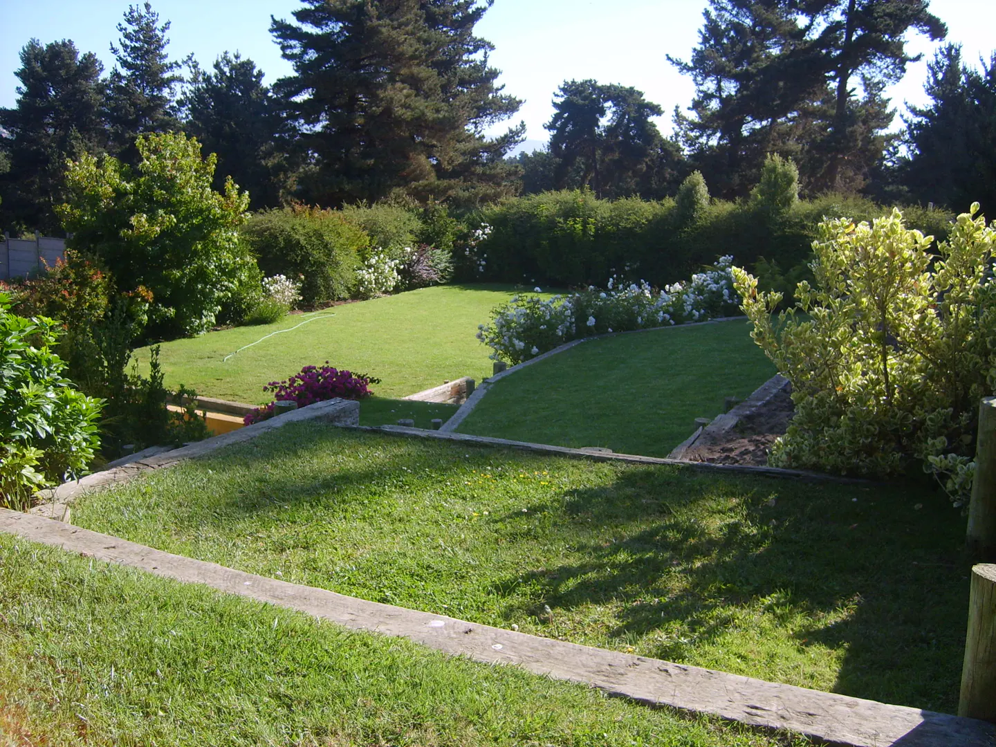 A lush green lawn with tiered levels, bordered by trees and flowering bushes.