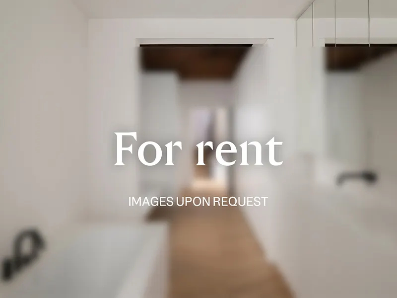 Blurred view of a modern white bathroom with text overlay reading "For rent" and "IMAGES UPON REQUEST." [AI-generated text]