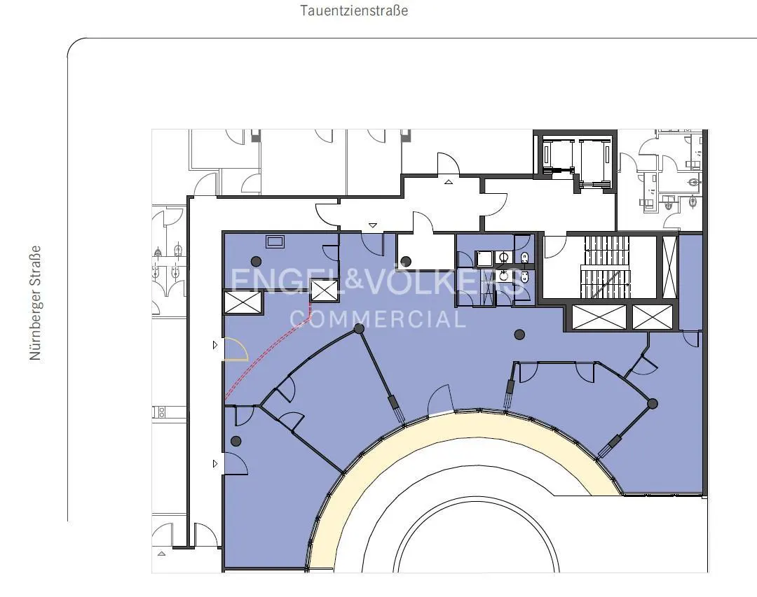 Floor plan of commercial space with blue and yellow accents, showing offices, bathrooms, and a curved reception area. Engel & Völkers logo visible.