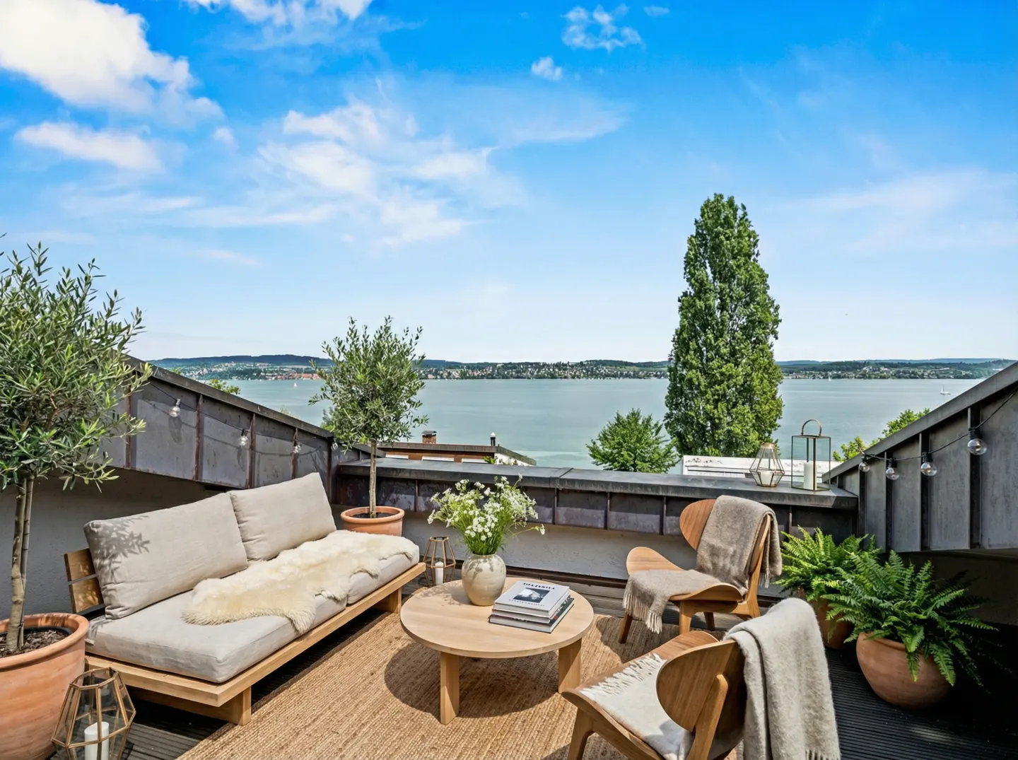 A rooftop patio with a beige sofa, wooden chairs, and potted plants overlooks a blue lake under a partly cloudy sky.