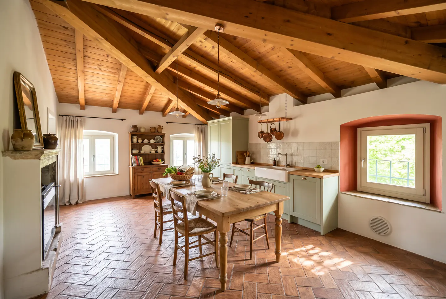 A bright kitchen with a wooden table, chairs, and exposed beam ceiling. Light green cabinets and brick floors add to the rustic charm.