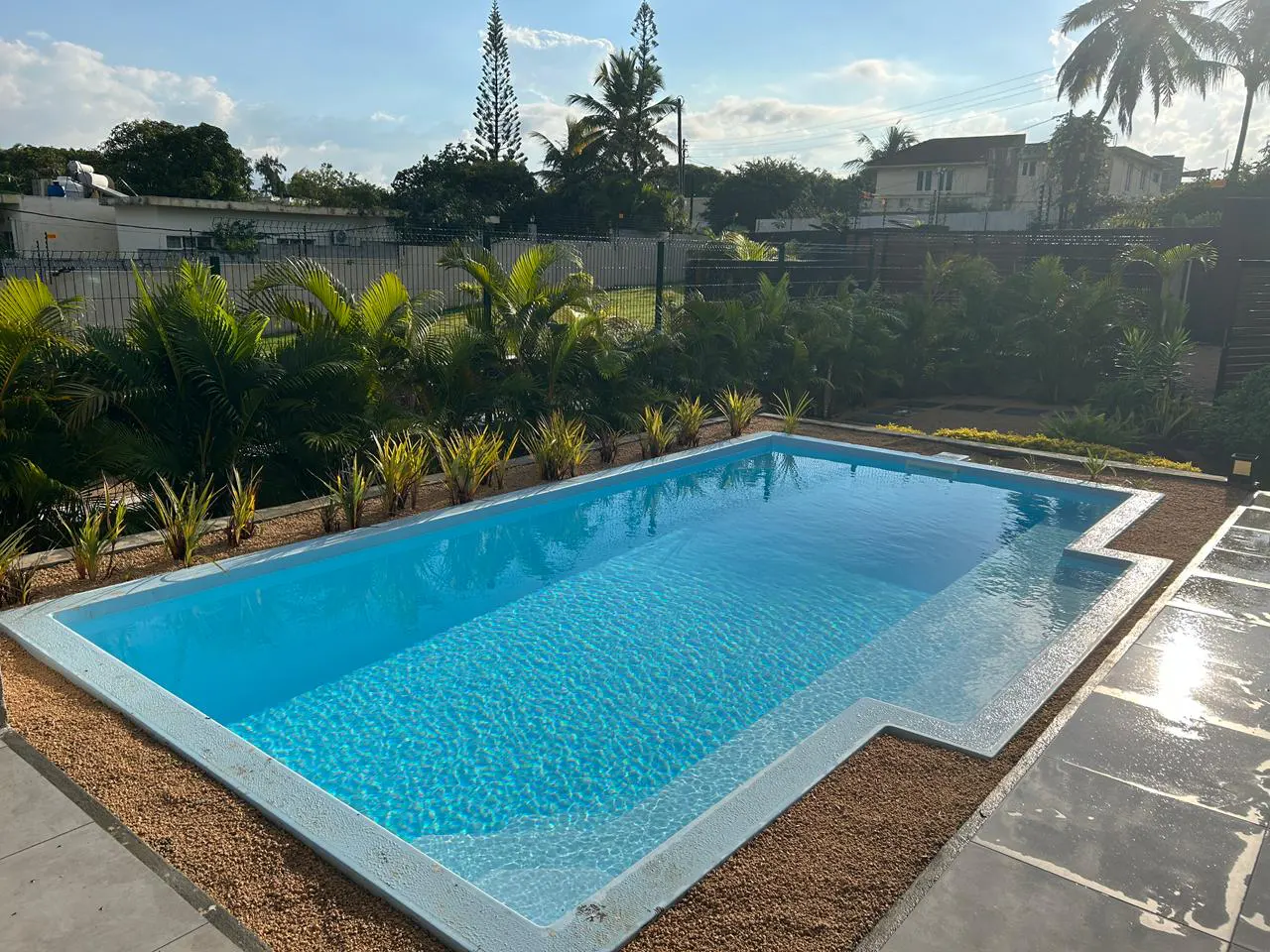 A rectangular swimming pool with bright blue water, surrounded by tropical plants, gravel, and a paved patio at sunset.