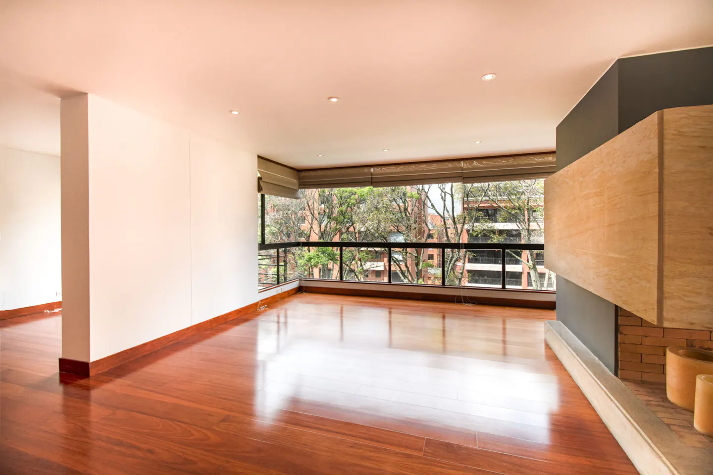 Bright, empty living room with hardwood floors, white walls, and a large window overlooking trees. A modern fireplace is on the right.