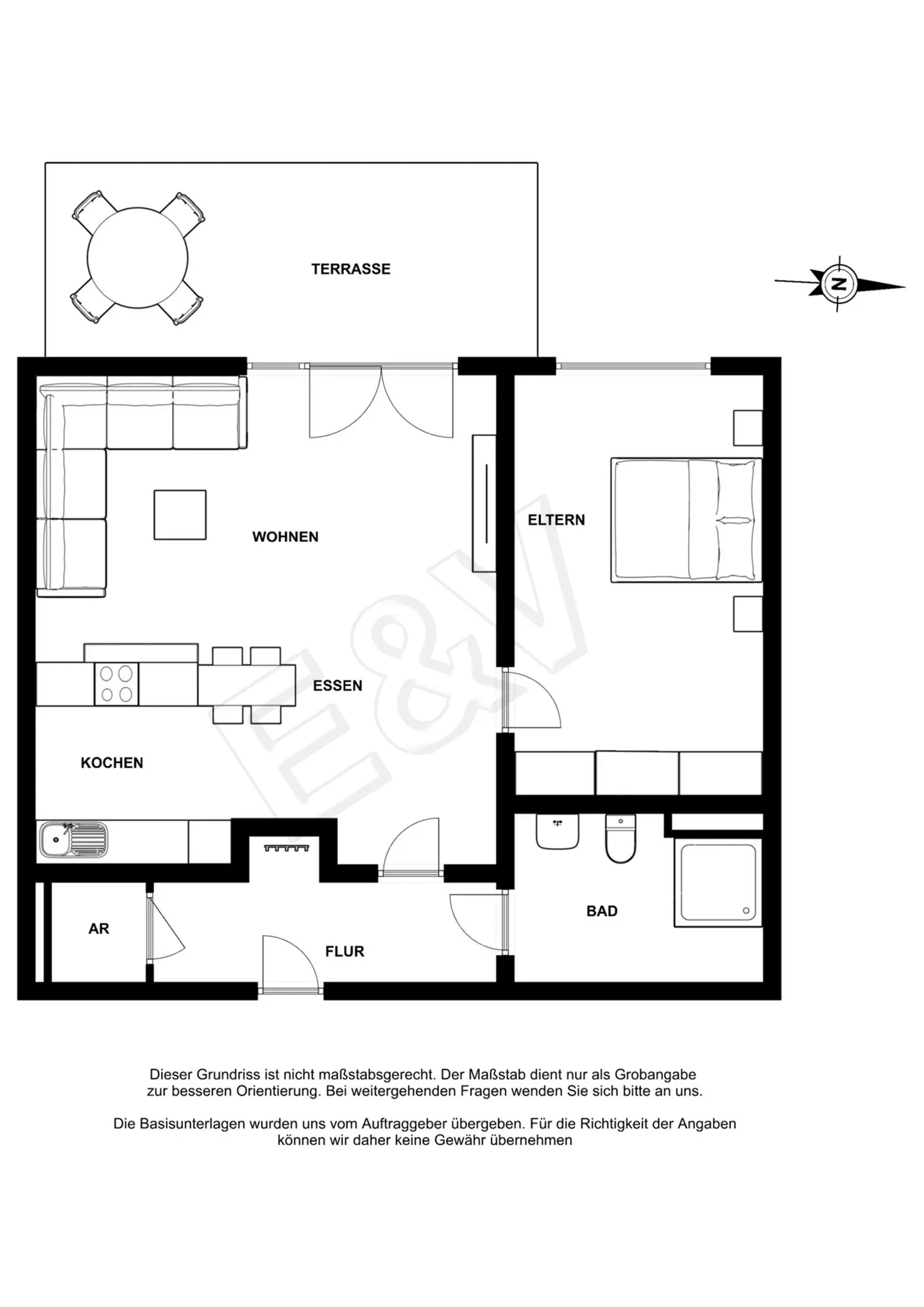 Black and white floor plan showing a kitchen, living room, bedroom, bathroom, and terrace.