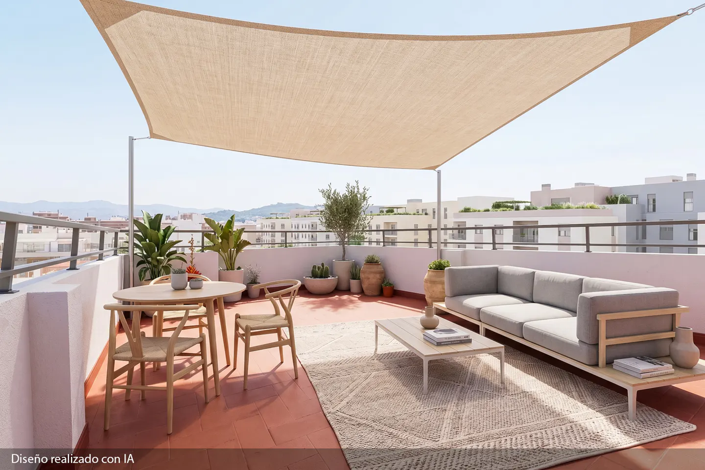 Rooftop patio with beige sunshade, table, chairs, and gray sofa. Potted plants add greenery, with city buildings visible in the background.