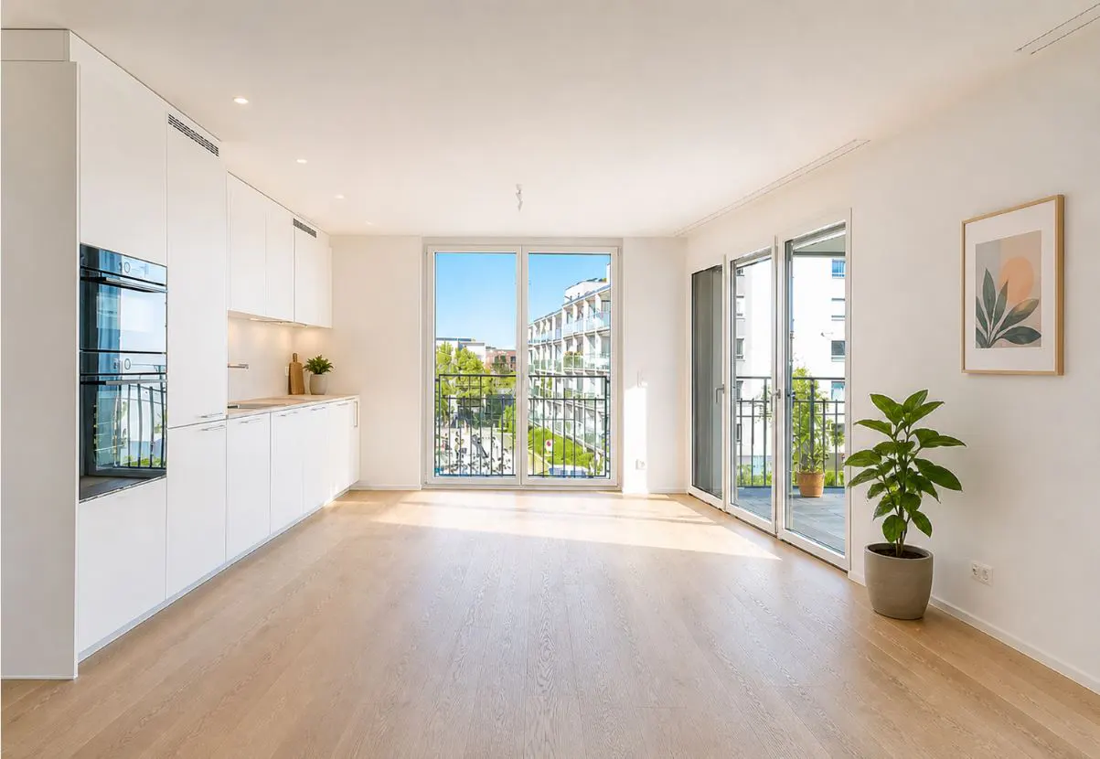 Bright, modern apartment with white cabinets, wood floors, and sliding glass doors to a balcony. A potted plant sits near an abstract art print.