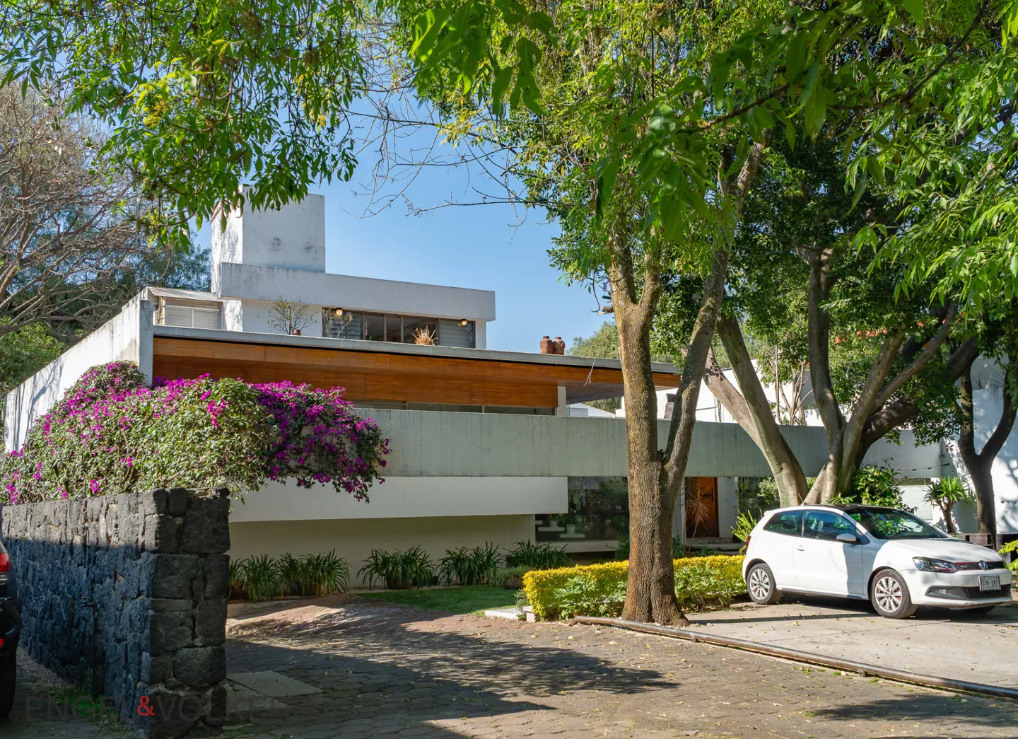 Modern white house with a flat roof, purple flowers, and a white car parked in front. Trees surround the property.