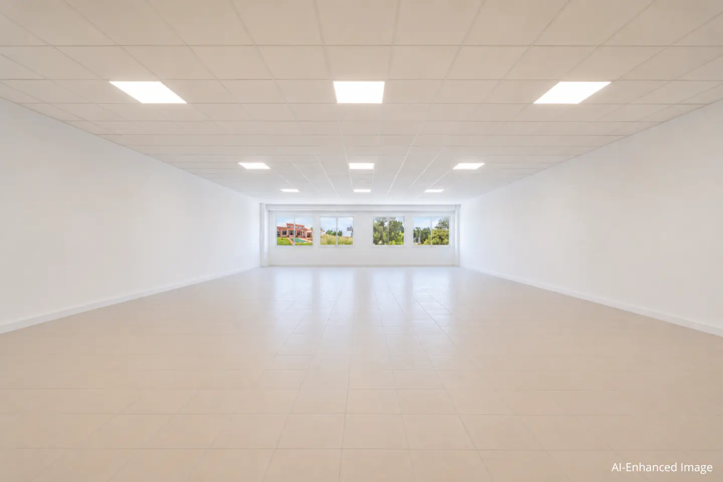 Bright, empty room with white walls, beige tile floor, and square ceiling lights. Windows at the far end show a house and trees.