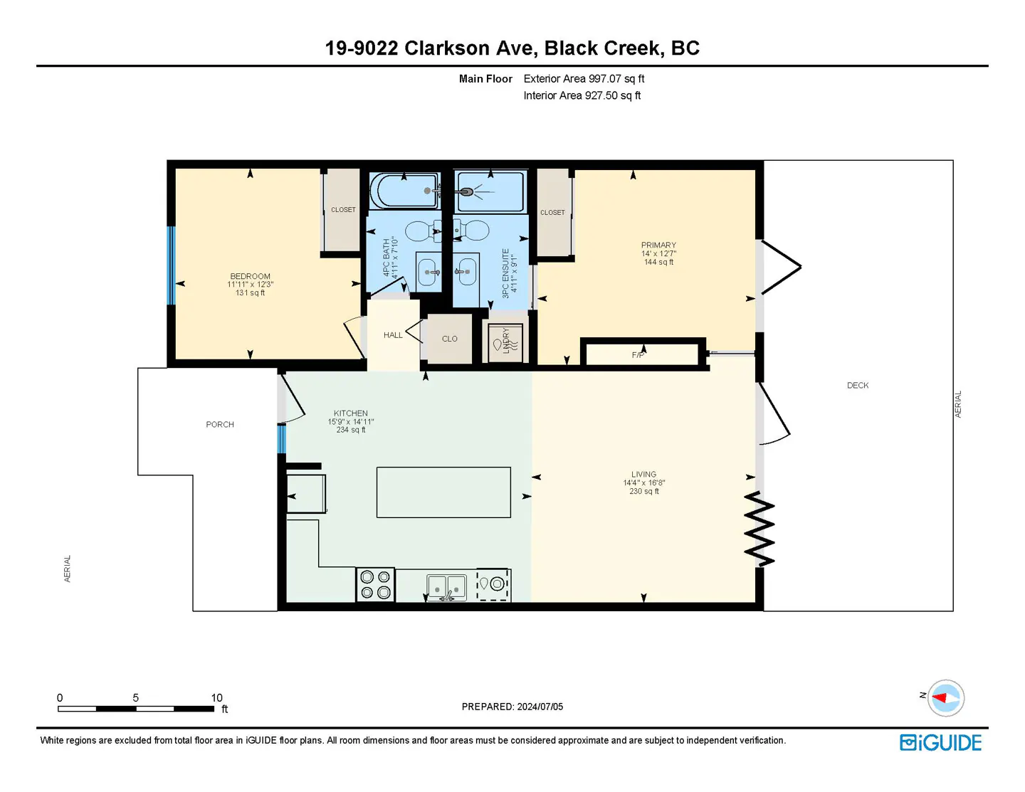 Floor plan of 19-9022 Clarkson Ave, Black Creek, BC, showing a bedroom, kitchen, living room, bathrooms, and a deck.