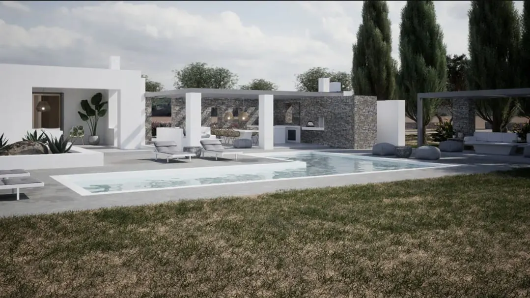 Modern white house with a pool, stone outdoor kitchen, and lounge chairs on a sunny day.