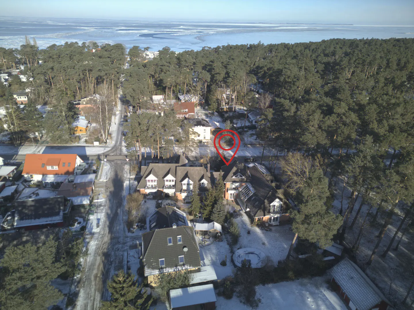 Aerial view of houses with snow, surrounded by trees, near a body of water. A red pin marks a property.