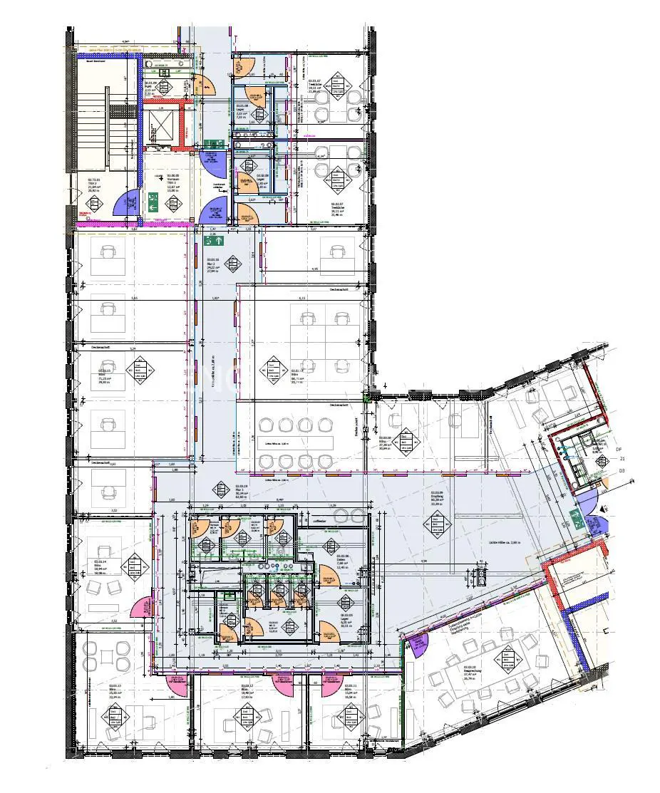 Blueprint of a multi-story building floor plan, showing offices, restrooms, and stairwells in blue, orange, and pink.