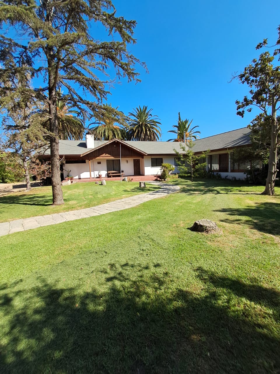 A white ranch-style house with a brown roof and trim, surrounded by a green lawn, trees, and a blue sky.