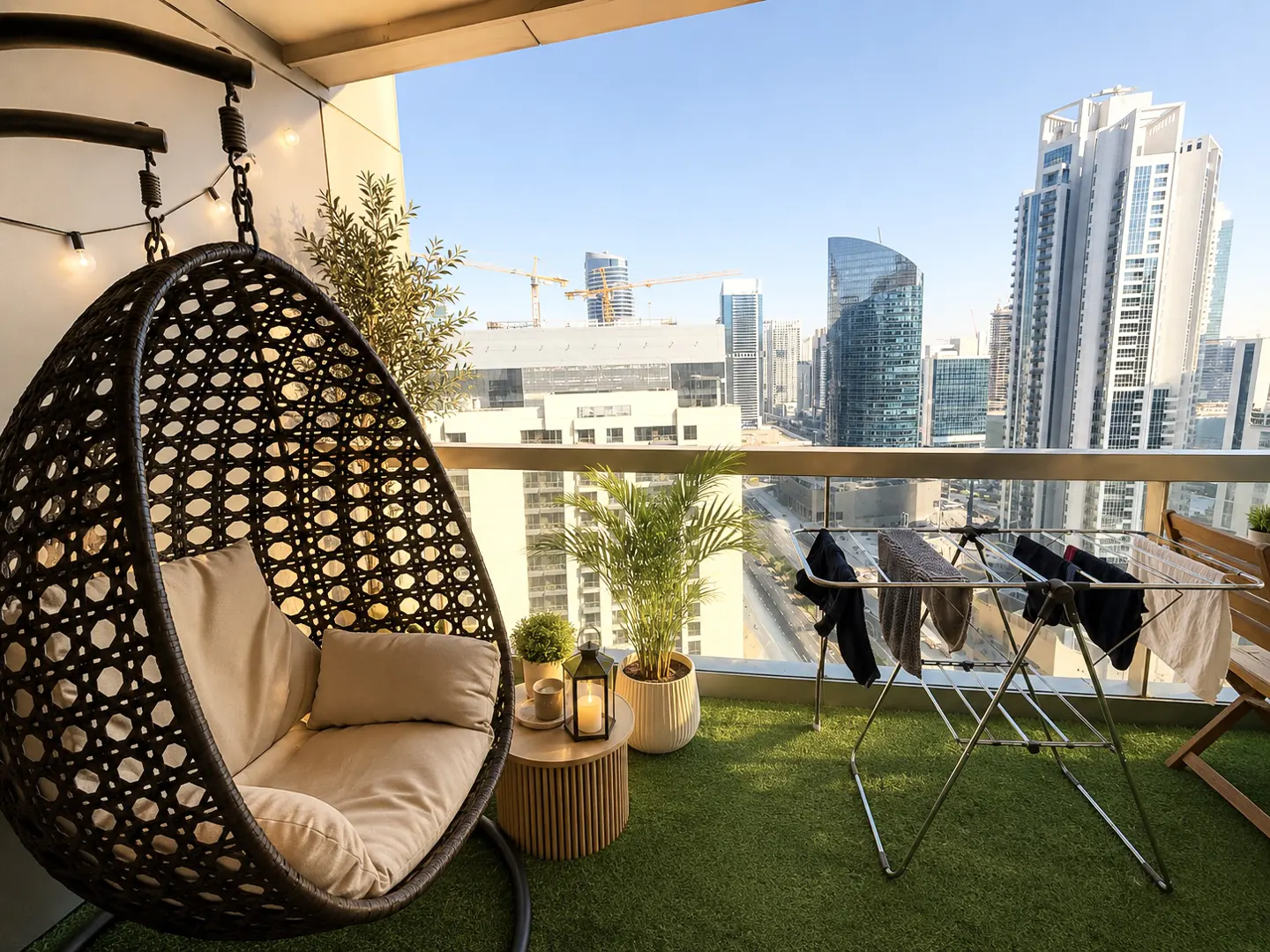 Balcony with city view, featuring a hanging chair, small table, plants, and clothes drying on a rack.