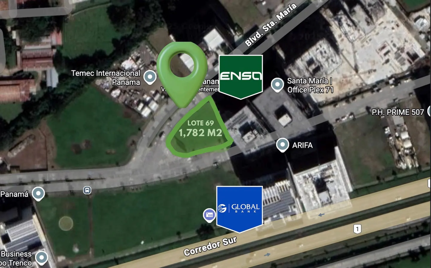 Aerial view of real estate lot 69, 1,782 M2, in Panama, near Global Bank, ENSO, and Santa Maria Office Plex 71. Green and blue map markers.