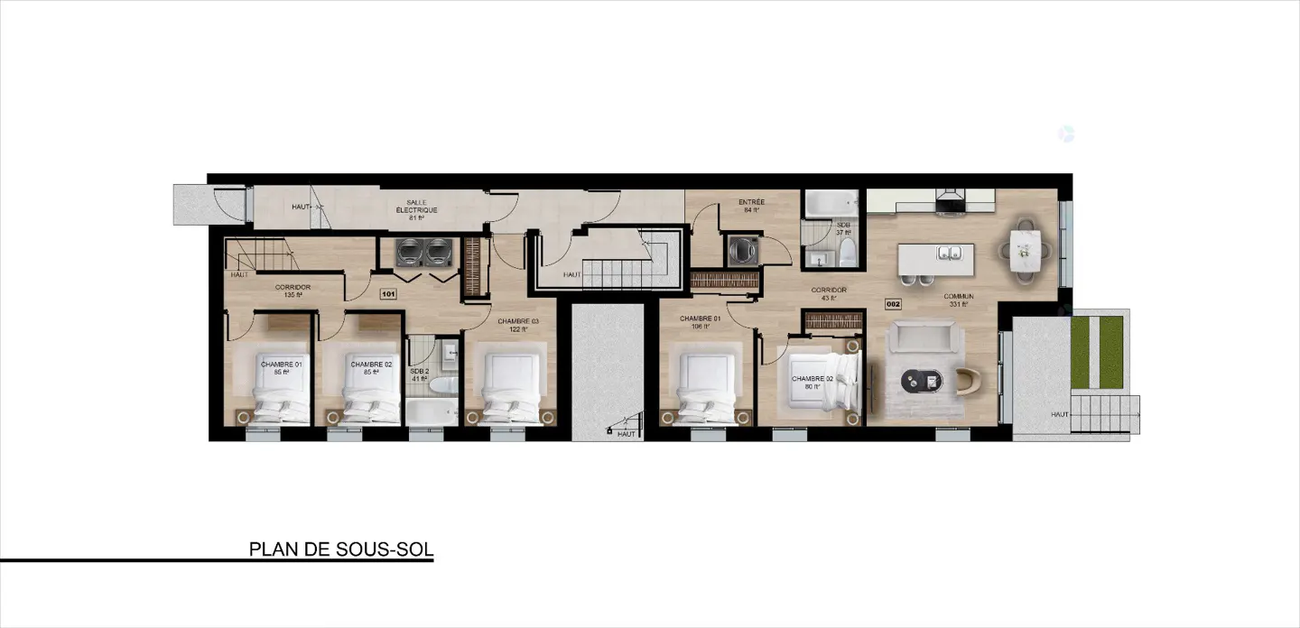 Floor plan of a basement with three bedrooms, two bathrooms, a kitchen, and a living room.