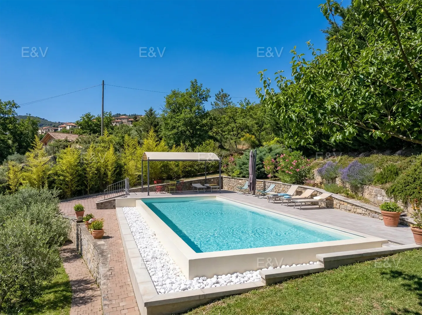A rectangular pool with white stones around it, surrounded by green trees and plants under a blue sky.