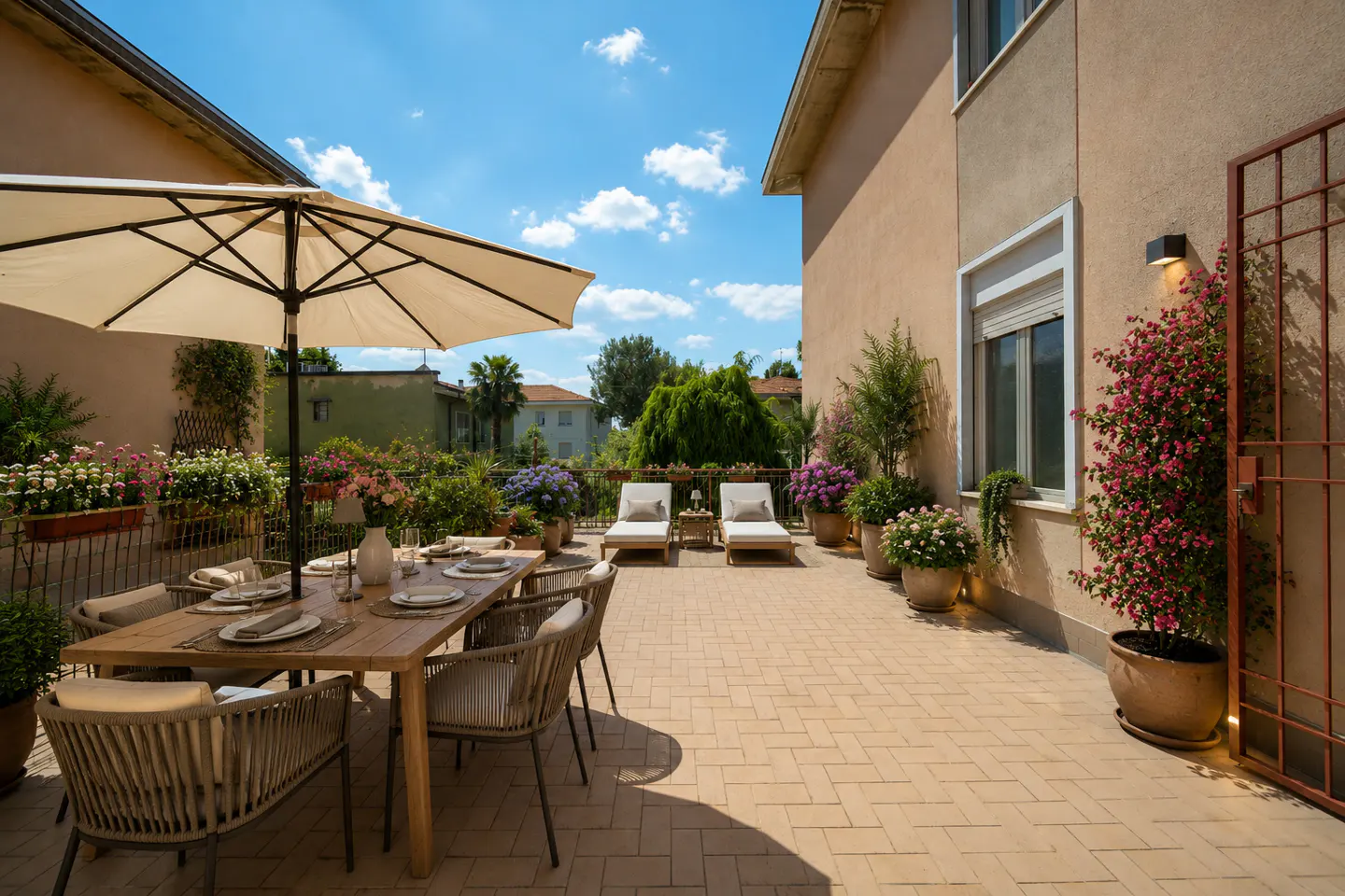 Sunny patio with a wooden dining set under a large umbrella, two lounge chairs, and potted flowers against a beige house.