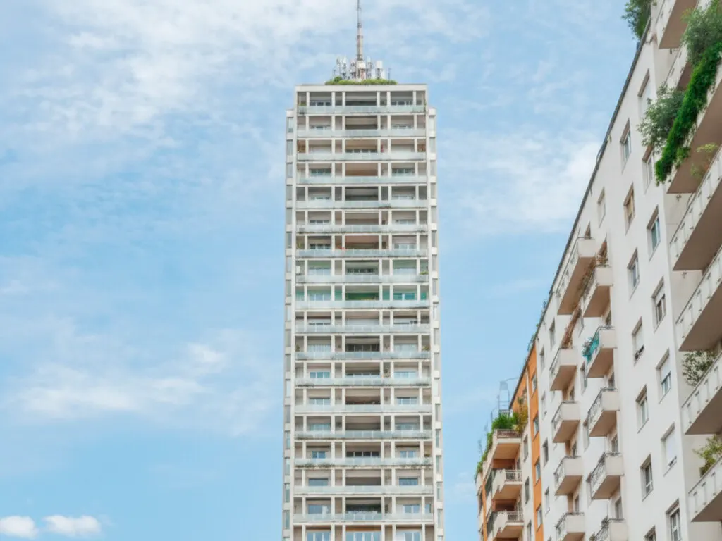Tall, white apartment building with balconies against a blue sky. Another building is on the right.