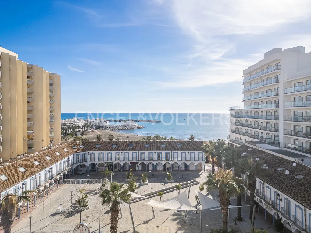 Aerial view of a sunny plaza with palm trees, buildings, and the ocean in the background.