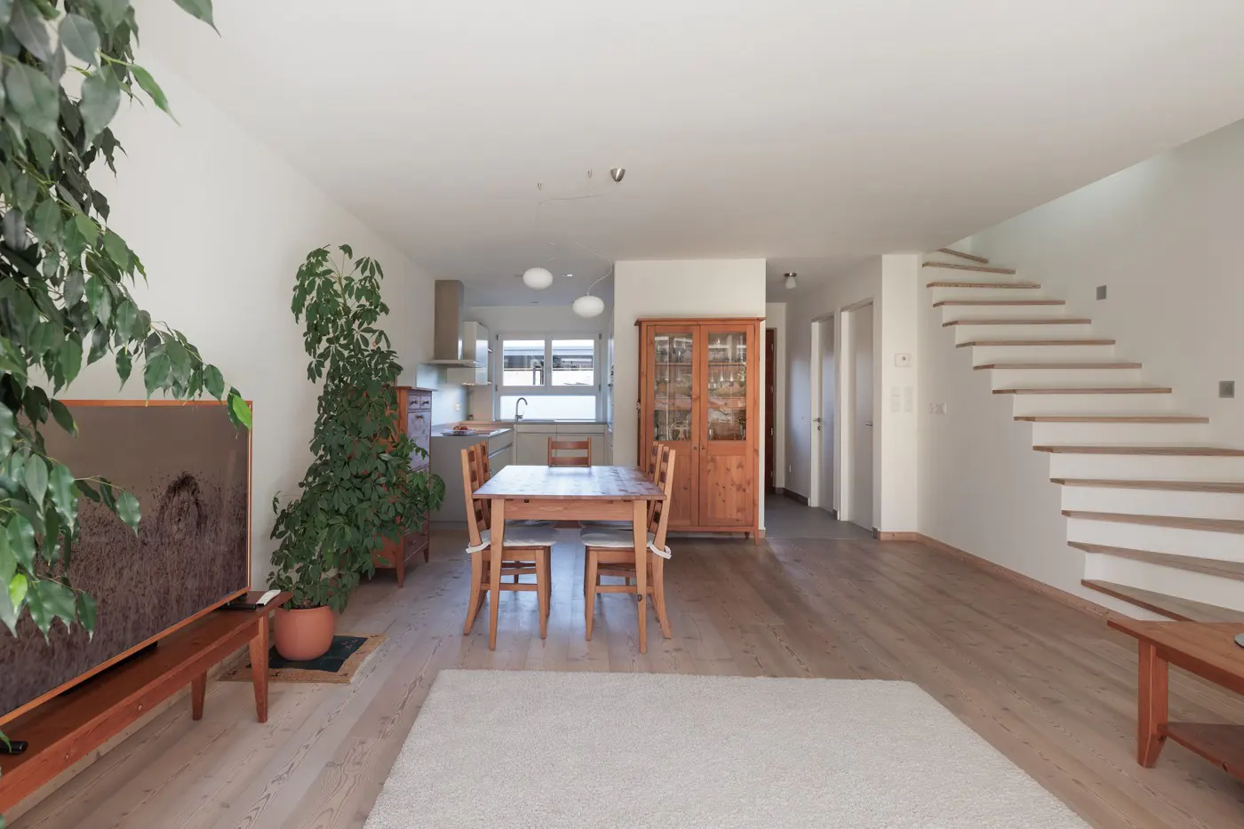 Open-concept living space with light wood floors, white walls, dining table, kitchen, staircase, and large potted plants.