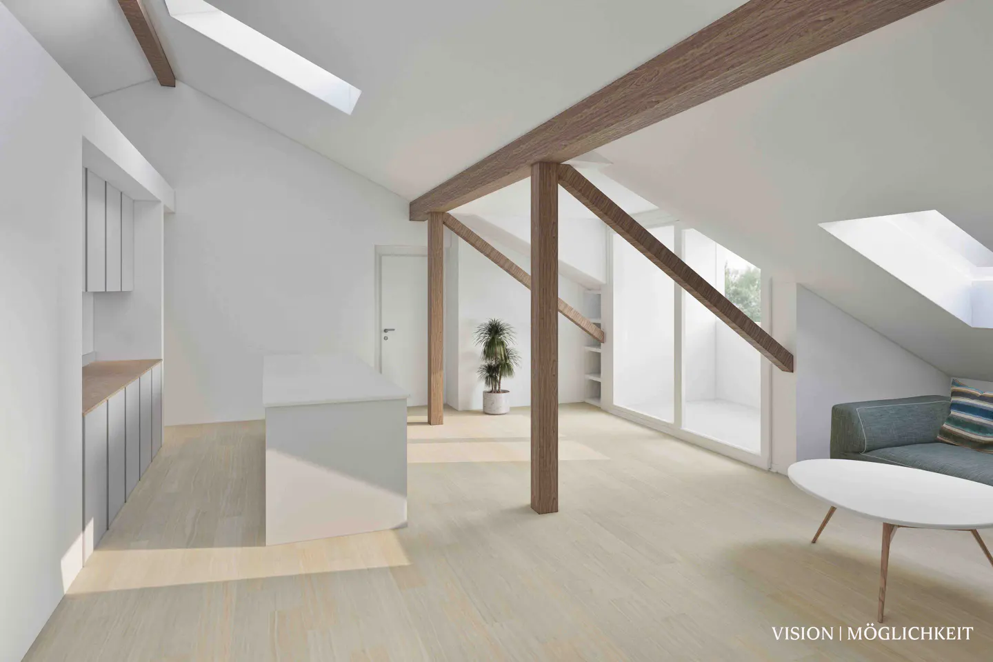 Bright, airy attic apartment with white walls, wood beams, skylights, and a glimpse of a green sofa.