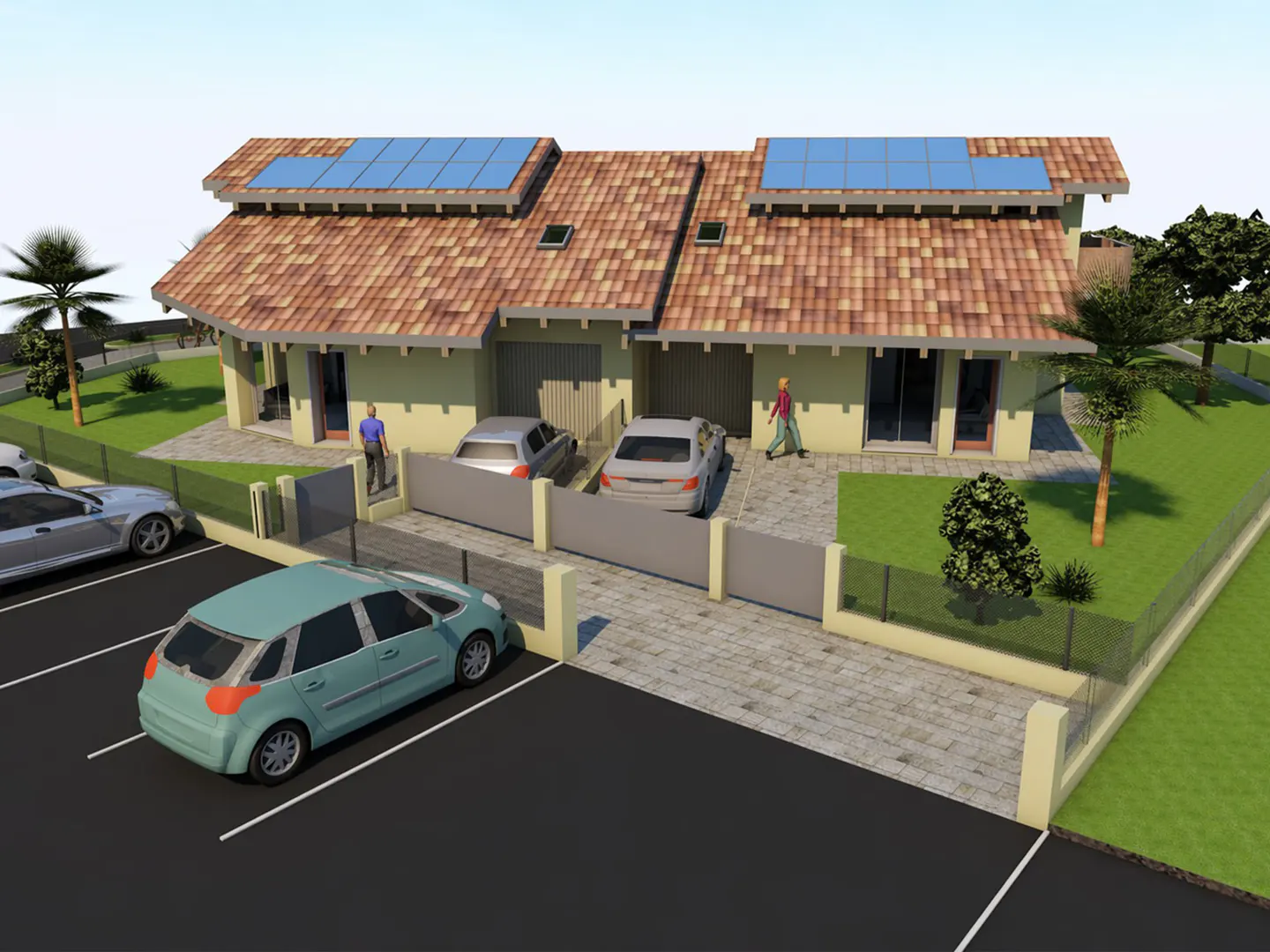 Two-story duplex with solar panels, cars parked in driveways and parking lot. Man walking into one unit.