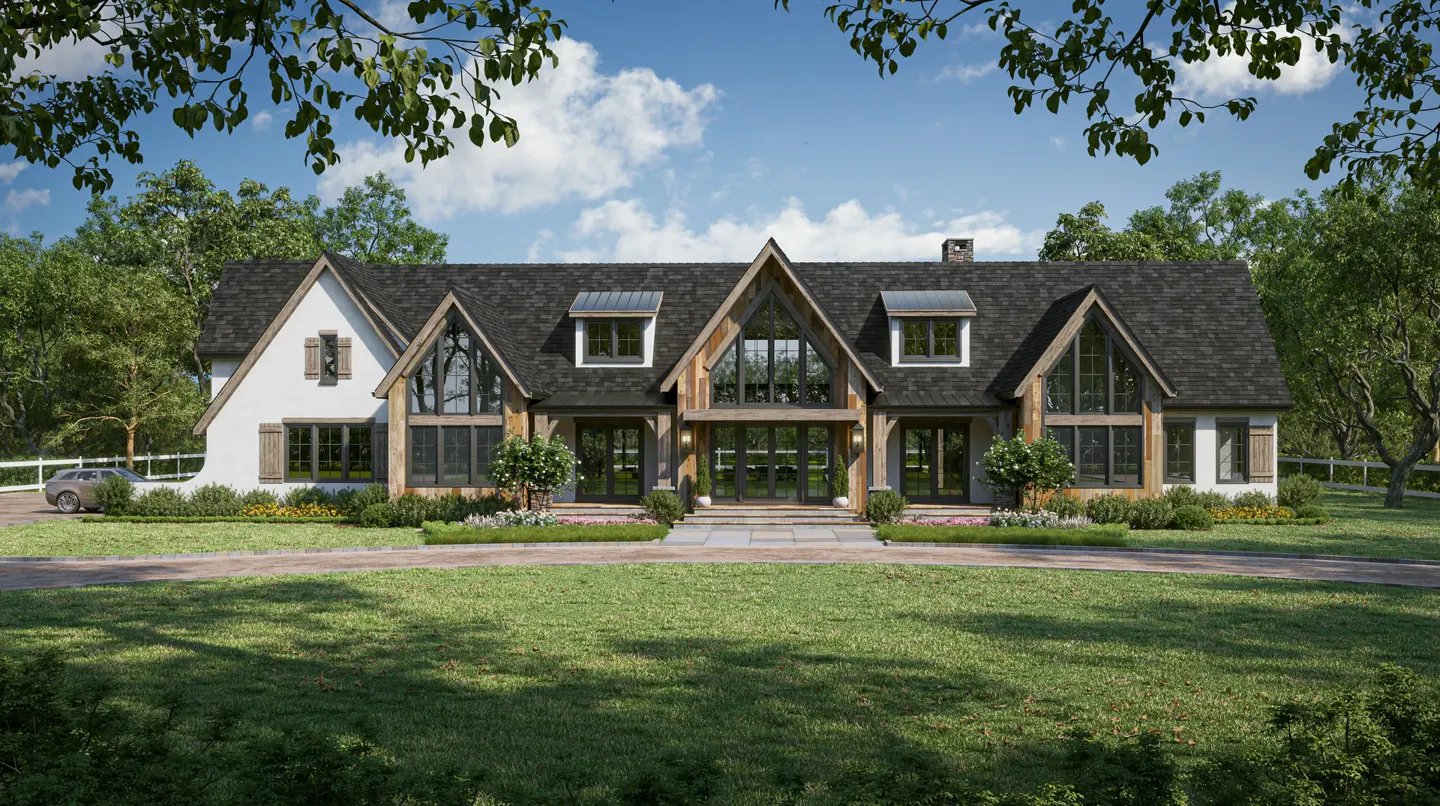 Front view of a large, white, Tudor-style house with black trim and a green lawn on a sunny day.