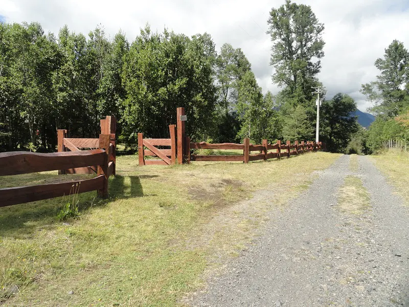Gravel driveway leading to a property with a brown wooden fence and gate, surrounded by green trees.