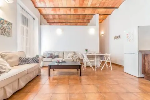 Bright living room with terracotta tile floor, exposed beam ceiling, white walls, two sofas, table, and white refrigerator.