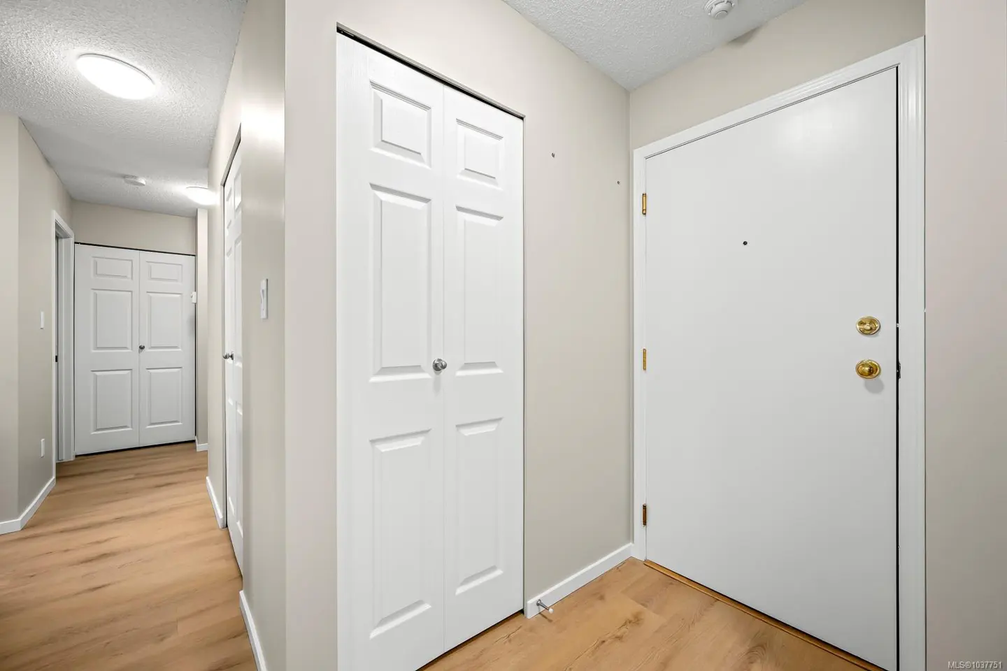 Hallway with light wood floors, beige walls, and white doors. A closet and the front door are visible.