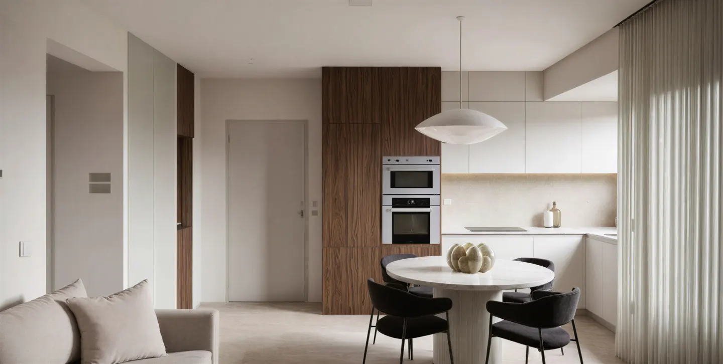Modern kitchen with white cabinets, wood paneling, built-in ovens, and a round dining table with black chairs.
