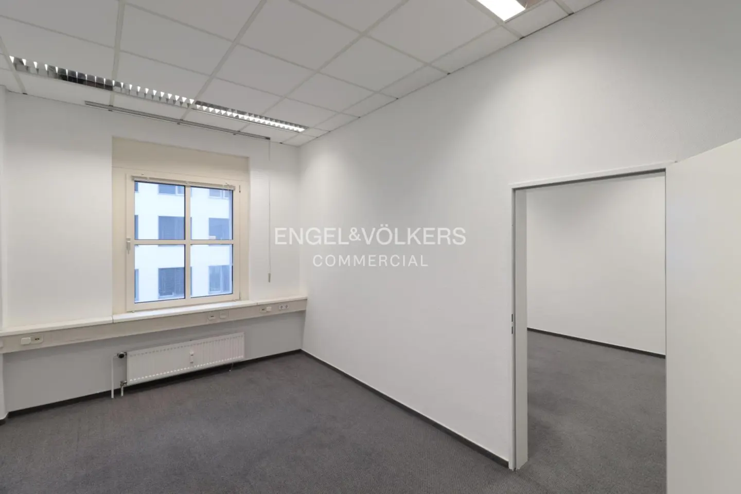 Bright, empty office space with white walls, gray carpet, and a window showing a building outside. A doorway leads to another room.