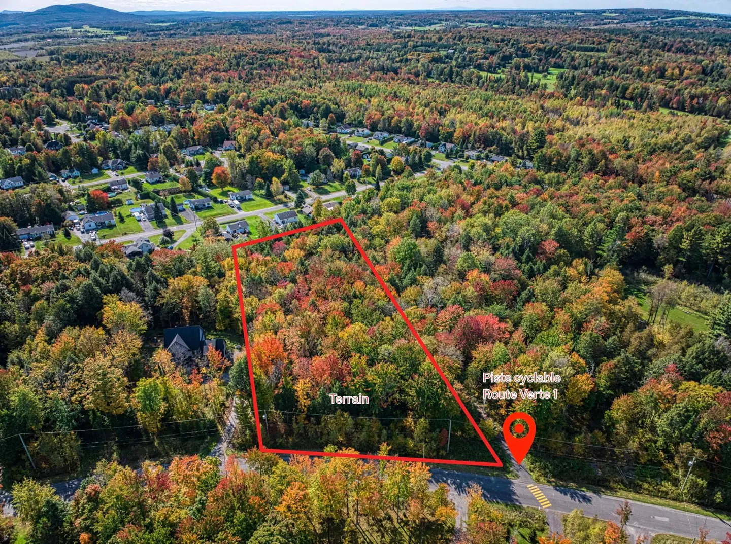 Aerial view of a wooded lot outlined in red, with fall foliage and a nearby road.