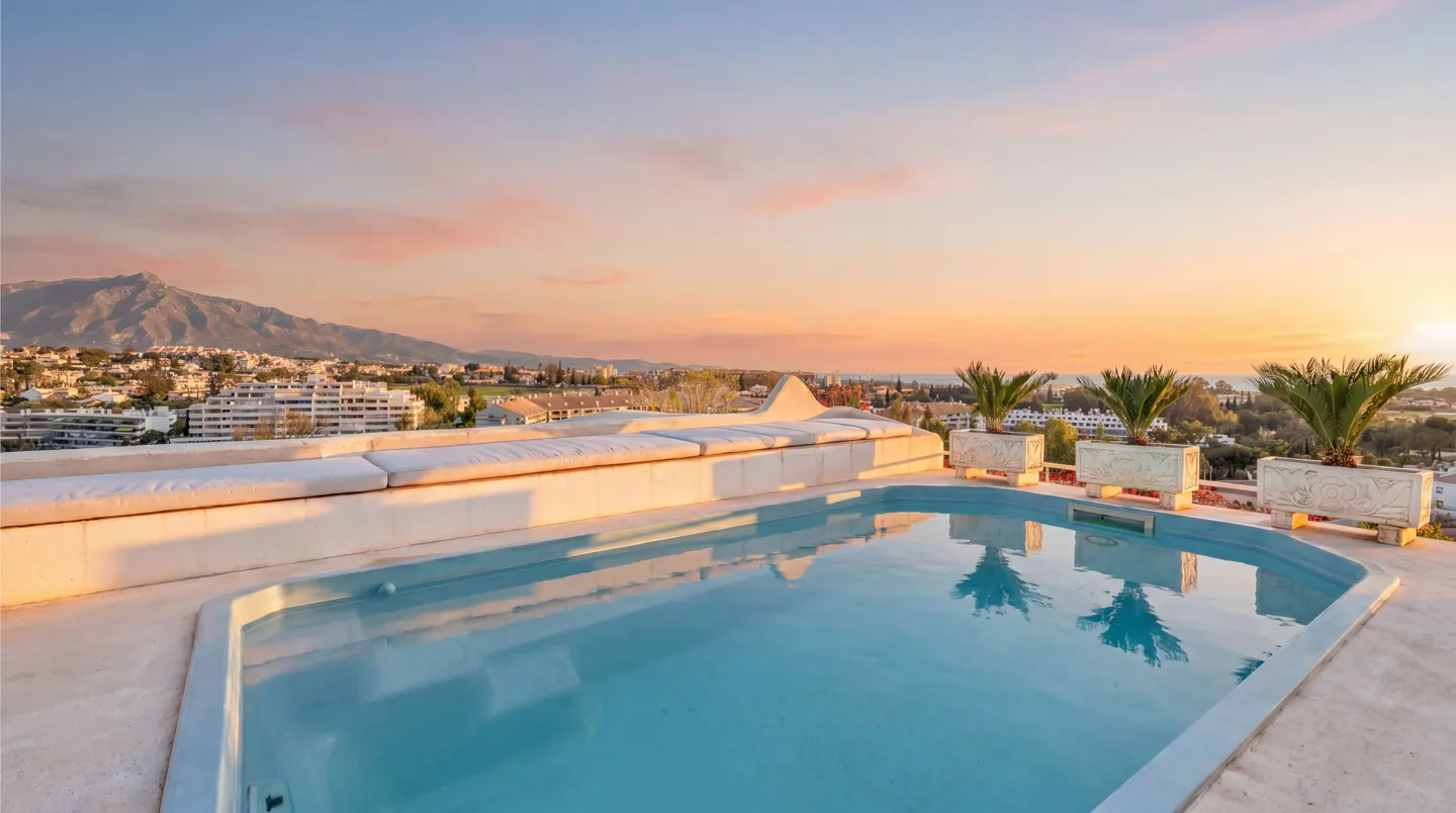 Rooftop pool with turquoise water, white cushioned seating, potted palms, and a sunset view of mountains and city.