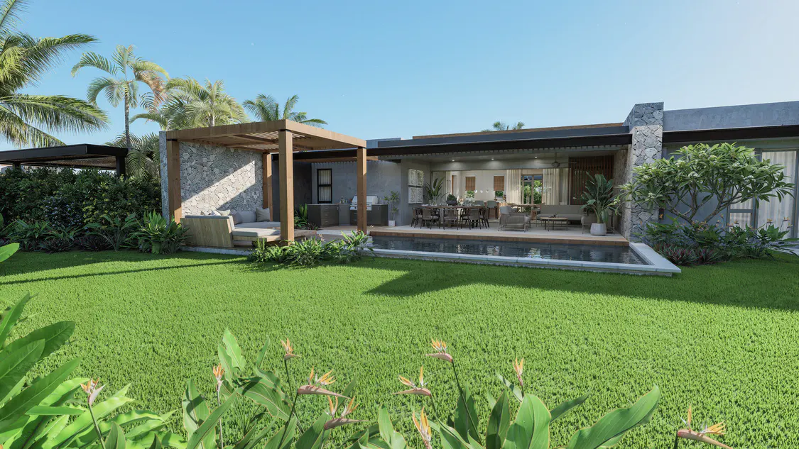A modern home with a green lawn, palm trees, and a pool. Outdoor dining and lounge areas are visible.