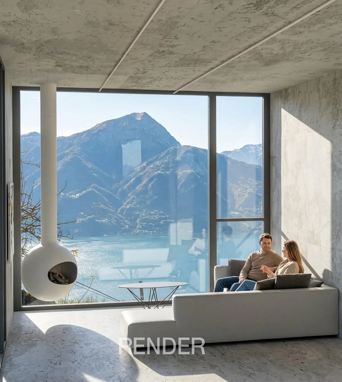 A couple sits on a modern sofa in a concrete room with a hanging fireplace, overlooking a lake and mountain landscape.