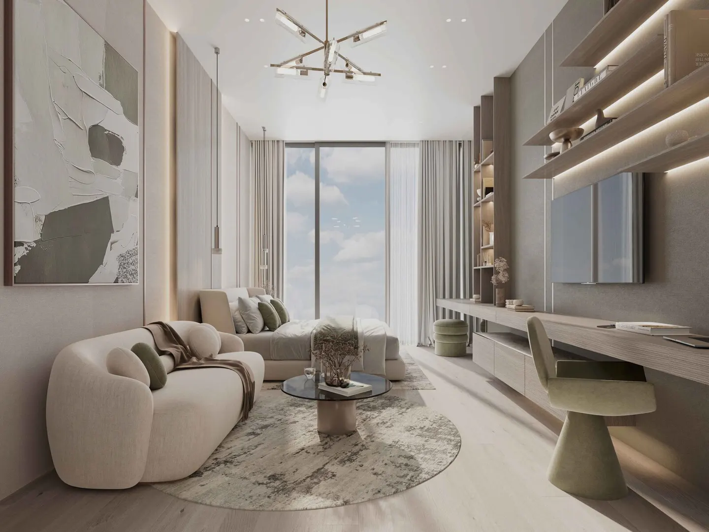 Modern bedroom with a beige sofa, circular rug, bed, desk, and large window with a view of the sky in a neutral palette.