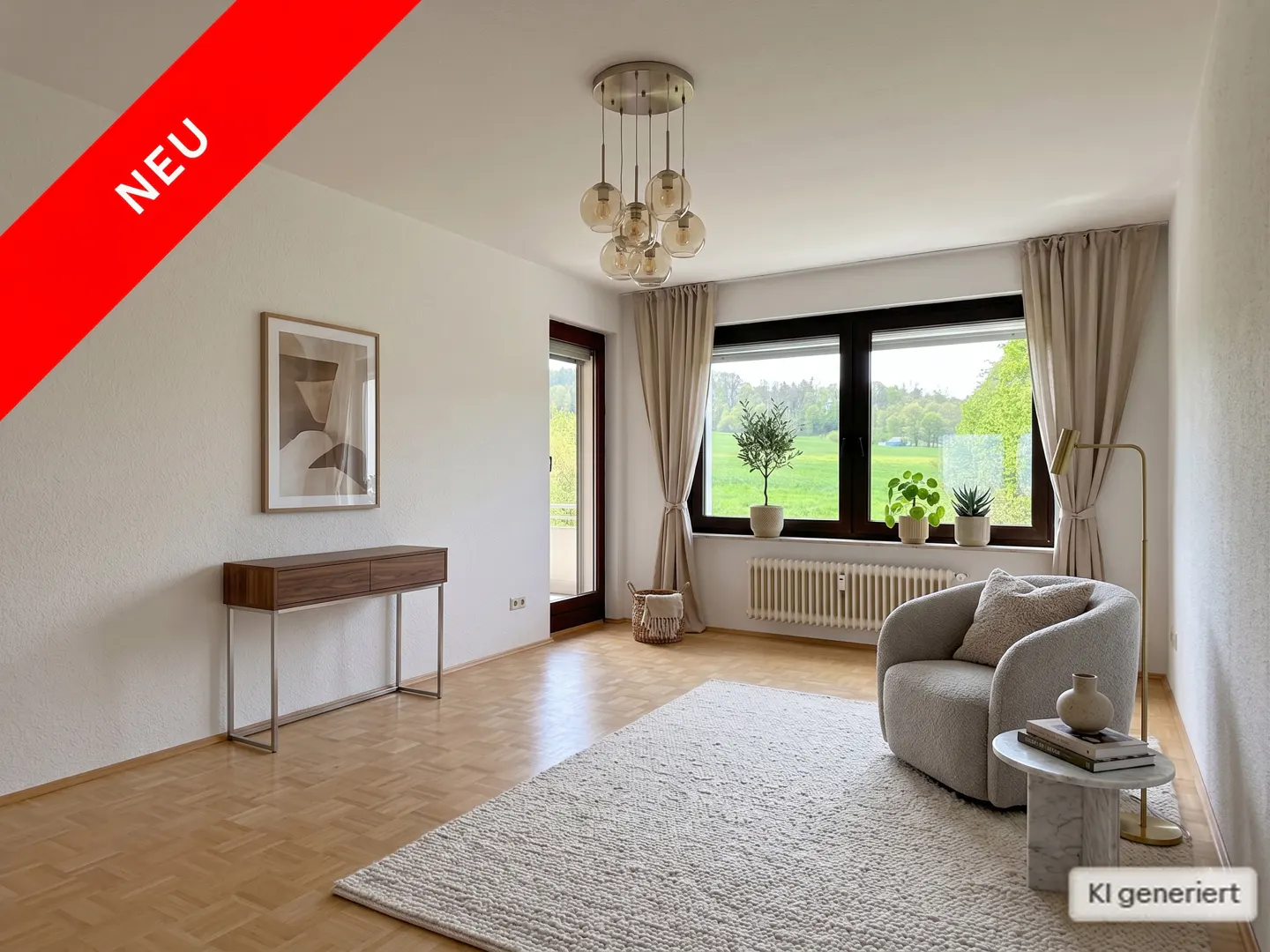 Bright living room with wood floors, white walls, and a large window with plants. A beige armchair and a console table add to the decor. "NEU" banner in the corner.