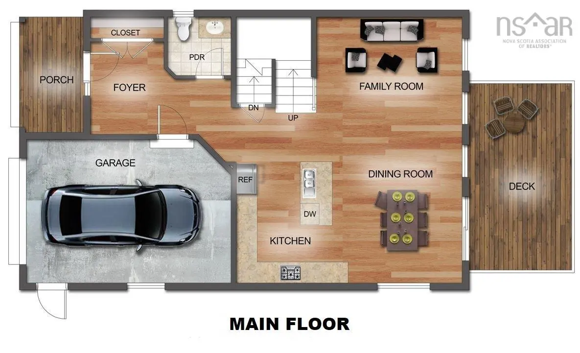Floor plan of a main floor with a garage, porch, foyer, kitchen, dining room, family room, and deck.