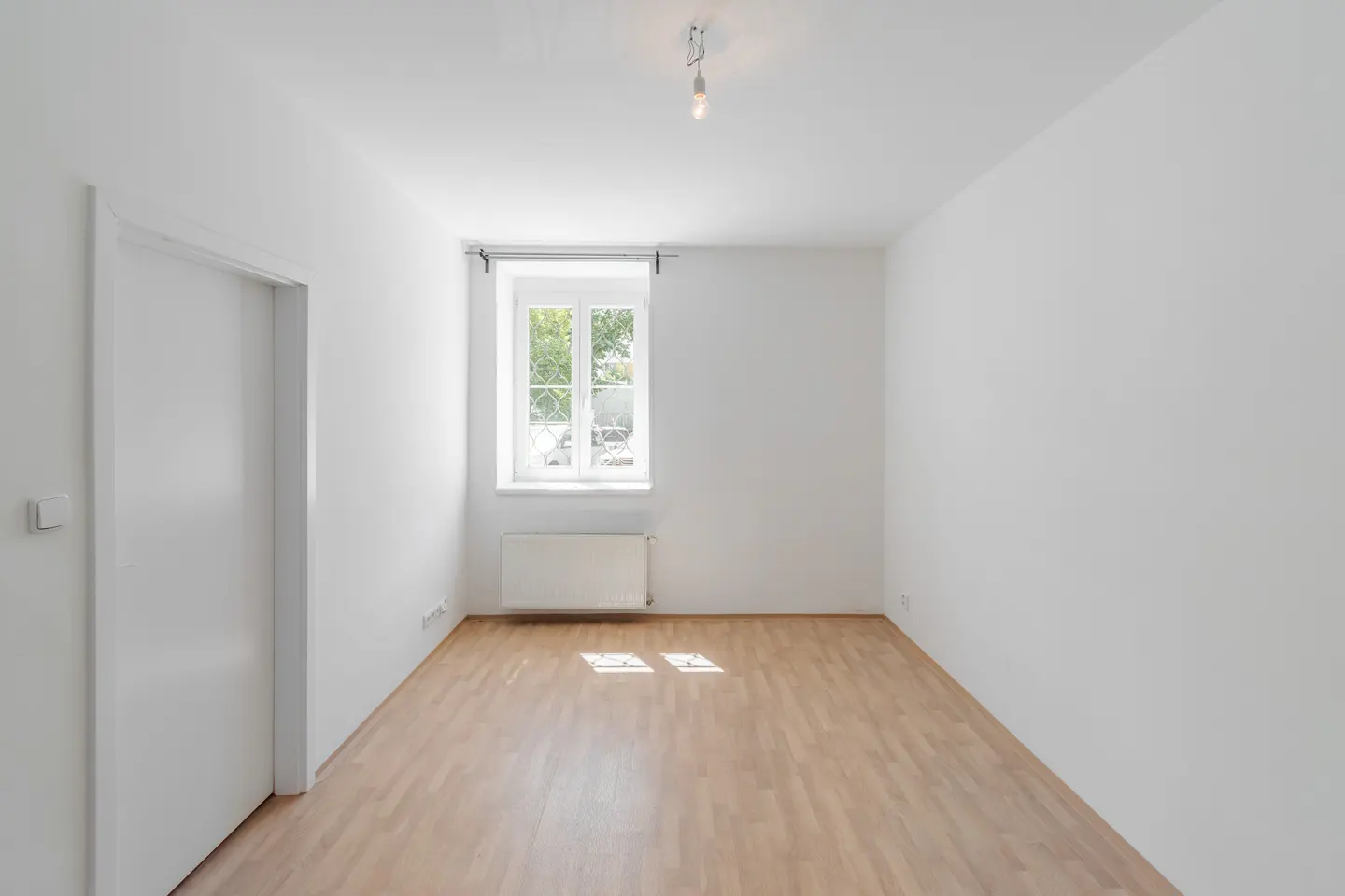 Bright, empty room with white walls, wood floor, and a window with a view of trees. A white door is on the left.