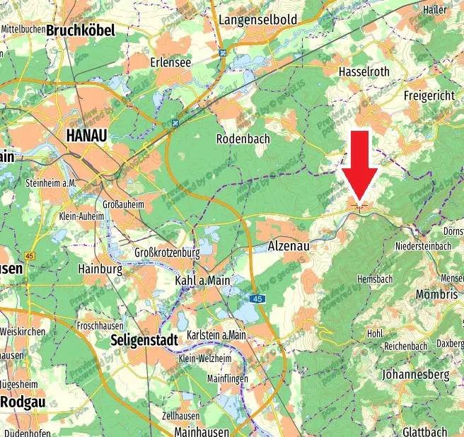 Map view of Alzenau, Germany, with a large red arrow pointing to a specific location within the town. Roads and green forested areas are visible.